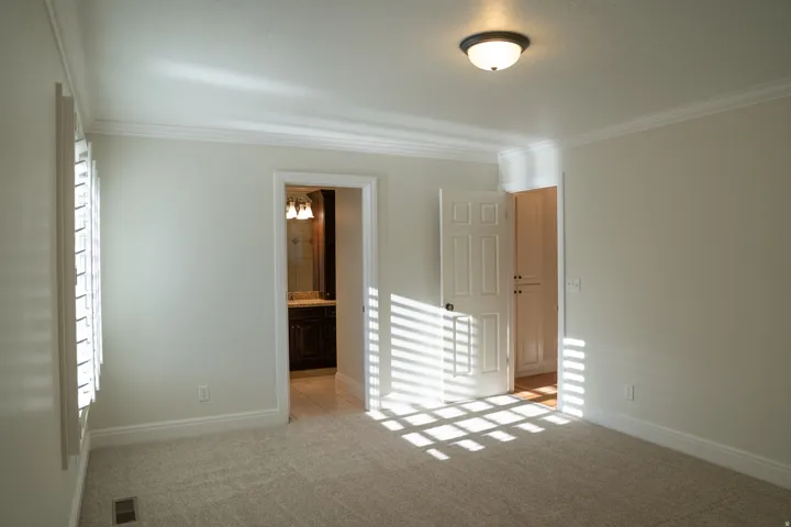 Plush carpet flooring, crown molding, and a flush mount light fixture