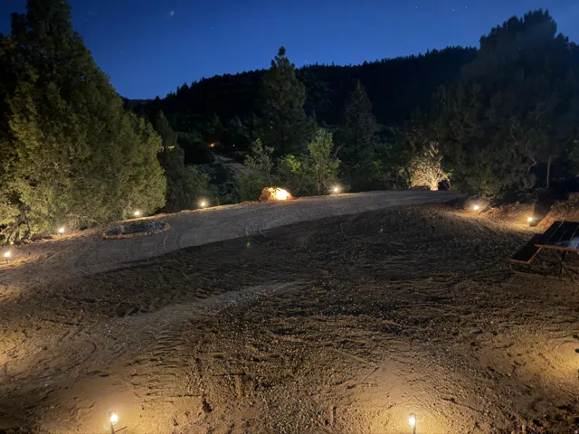 Gravel driveway with integrated ground lighting and surrounding natural landscaping