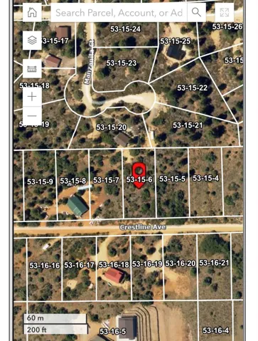 Parcel Map. Displaying individual property parcels and their identification numbers, with a specific parcel indicated by a marker