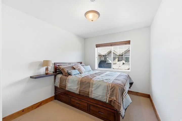 Recessed window with white trim, wall-mounted light fixture, and neutral carpeting