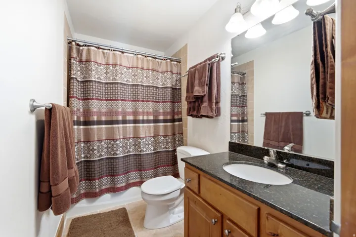 Bathroom featuring a wood-finish vanity with a dark countertop and an undermount sink