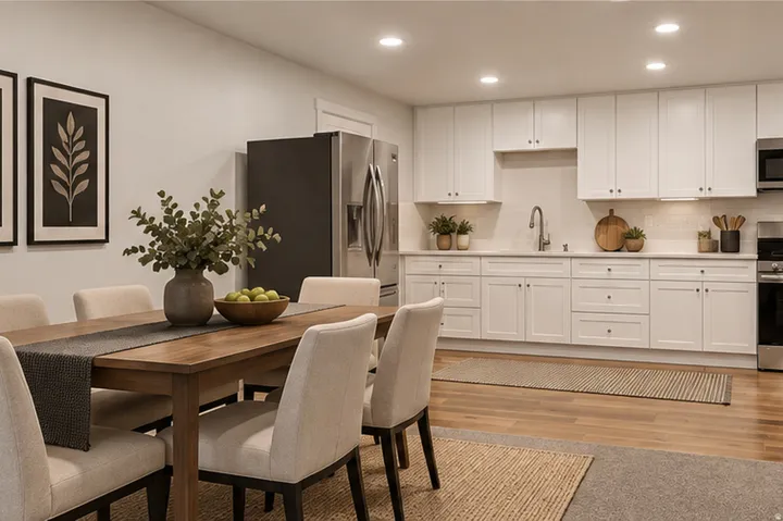 Open-concept kitchen and dining area featuring white shaker cabinetry, stainless steel appliances, recessed lighting, and wood-finish flooring