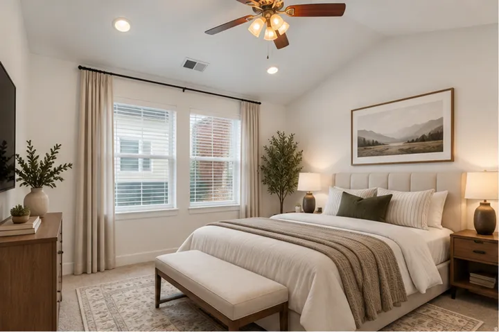 Vaulted ceiling with a ceiling fan, recessed lighting, dual windows with blinds, and wood-finish flooring