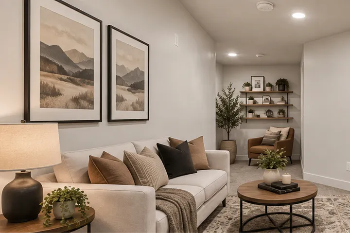 Recessed ceiling lighting, built-in shelving, light-toned wall finishes, and carpeting
