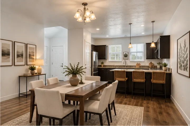 Wood-finish flooring, recessed lighting, and a chandelier illuminate the dining area, which features a peninsula with counter seating, dark wood-finish cabinetry, and light-toned countertops