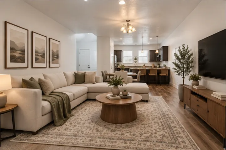 Open concept living area featuring wood-finish flooring, recessed lighting, and a kitchen with dark cabinetry and pendant lighting