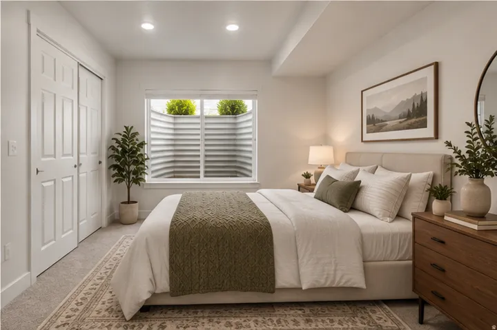 Recessed lighting, window well with natural light, neutral wall colors, carpeting, and double-door closet