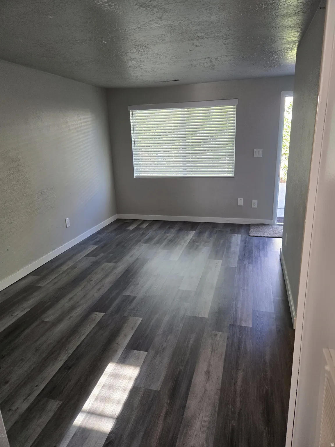Gray wood-finish flooring with white baseboards and neutral wall tones