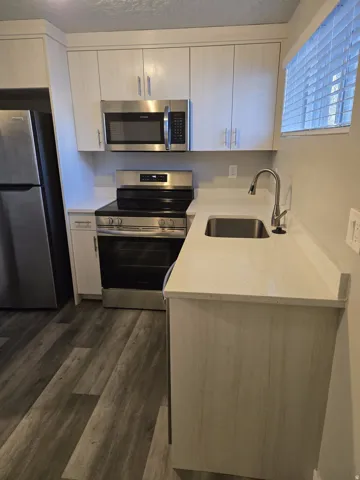 Kitchen featuring stainless steel appliances, light-toned cabinetry, light-toned countertops, and wood-finish flooring