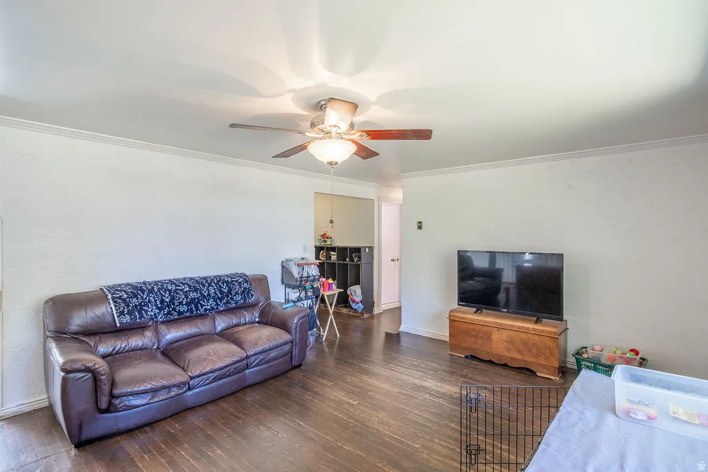 Wood-finish flooring, ceiling fan with integrated lighting, and crown molding