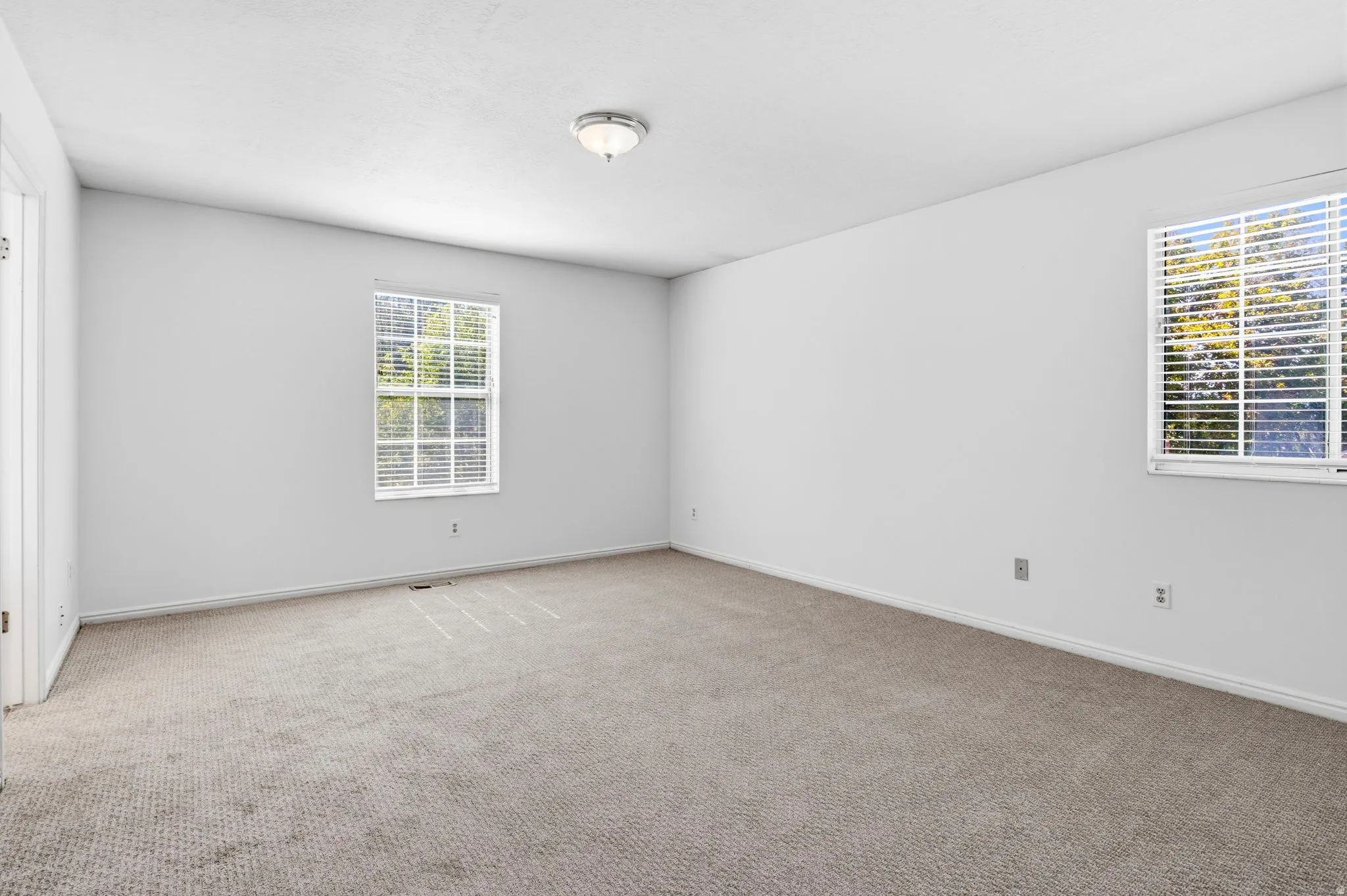 Light-colored carpeting, multiple windows with blinds, and an overhead flush mount light fixture