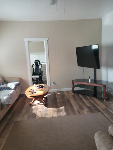 Wood-finish plank flooring, neutral wall paint, and a white-trimmed doorway