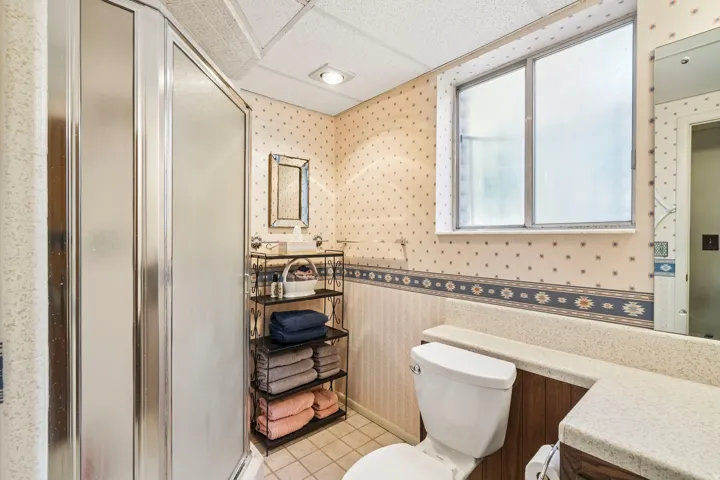 Shower enclosure with frosted glass panels, drop ceiling, and wall-mounted mirror