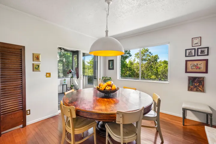 Hardwood flooring, white painted walls, a large window, a built-in louvered door, and a white dome pendant light fixture