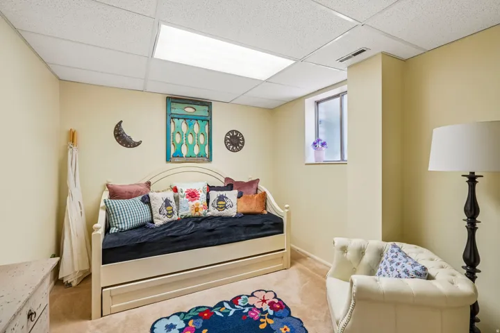 Carpeted flooring with painted walls, a window, and a drop ceiling with recessed lighting