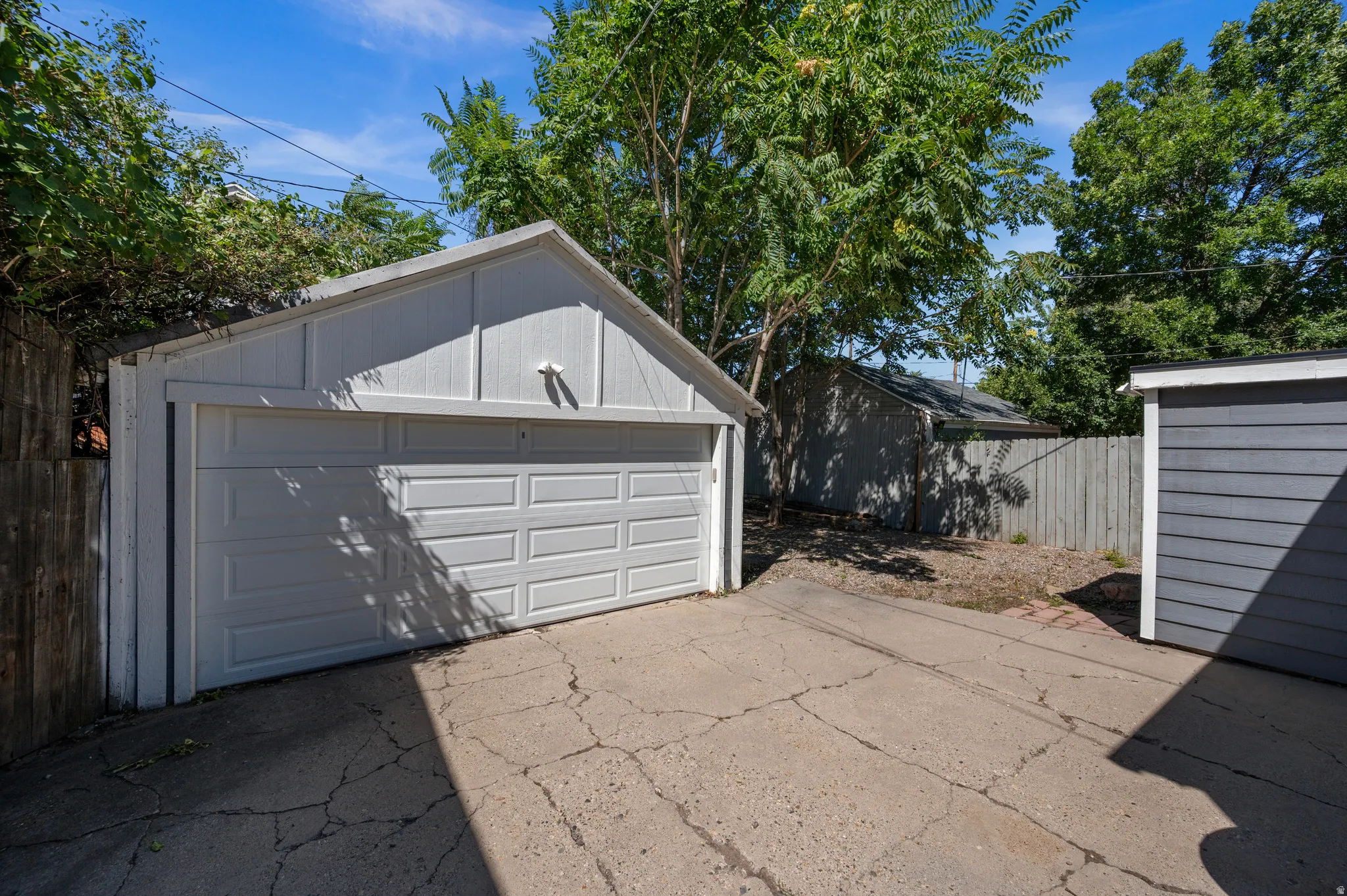 Detached single-car garage featuring a white paneled garage door and a concrete driveway
