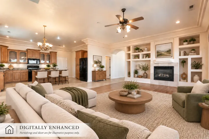 Open-concept living area with wood-finish flooring, a built-in fireplace with surround, extensive built-in shelving, and a kitchen featuring wood cabinetry and an island with seating