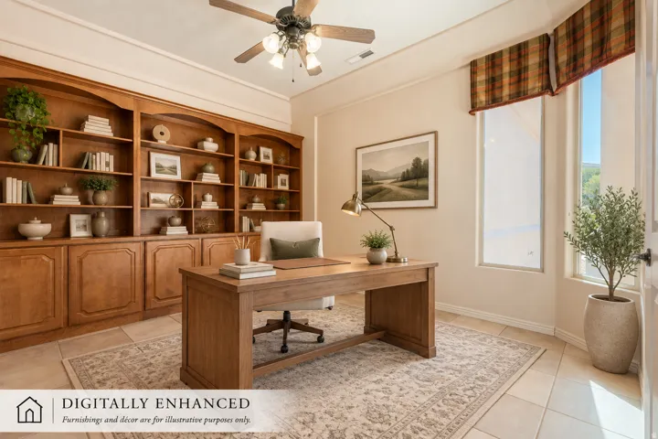 Built-in wood cabinetry with arched detailing, ceiling fan, and tiled flooring