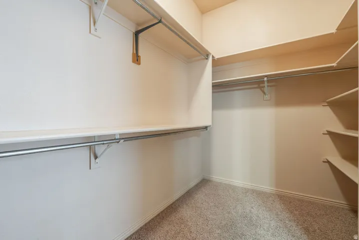 Wall-mounted shelving system with metal hanging rods and carpet flooring