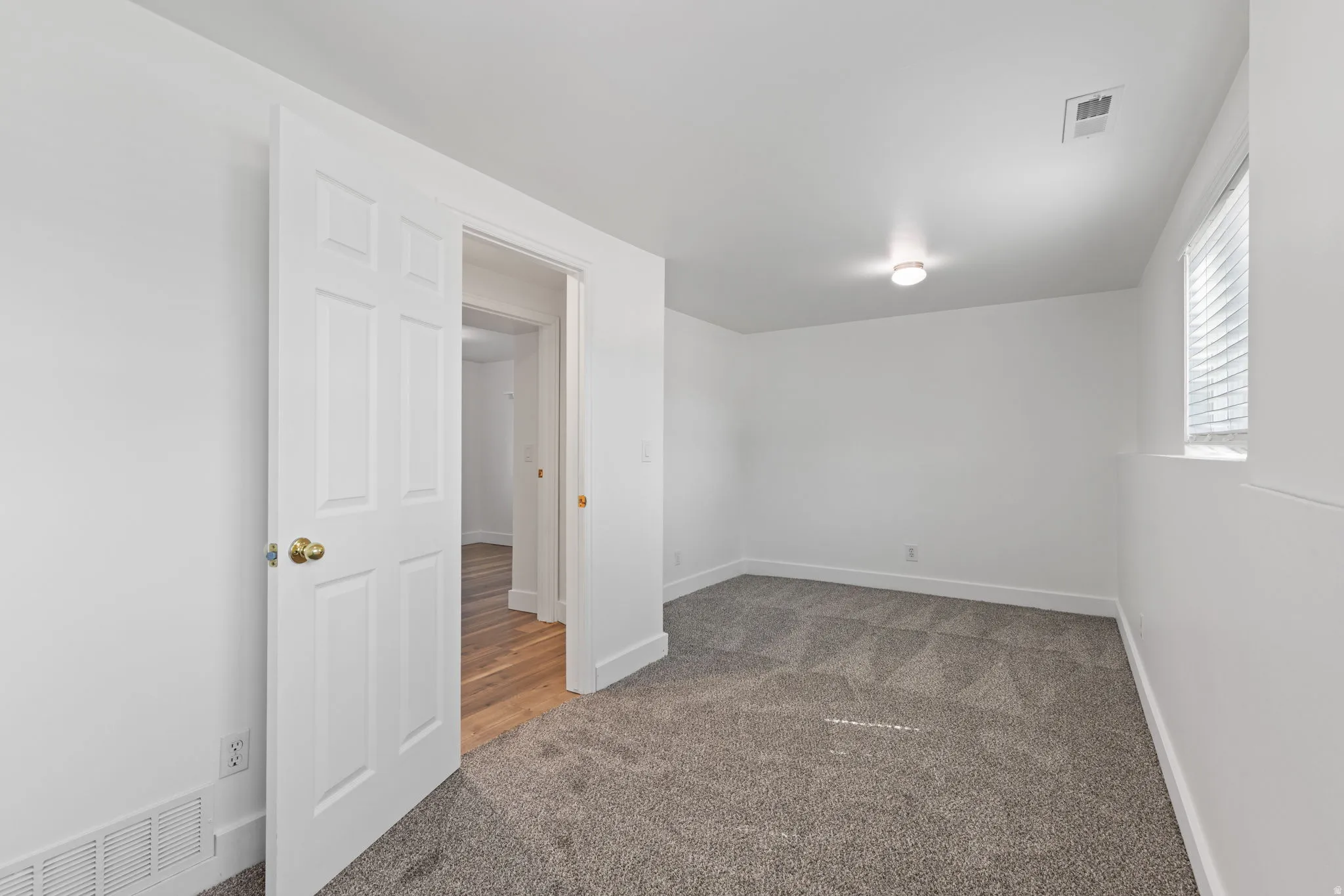 Neutral wall paint, textured carpet, window with blinds, overhead lighting, and white six-panel door