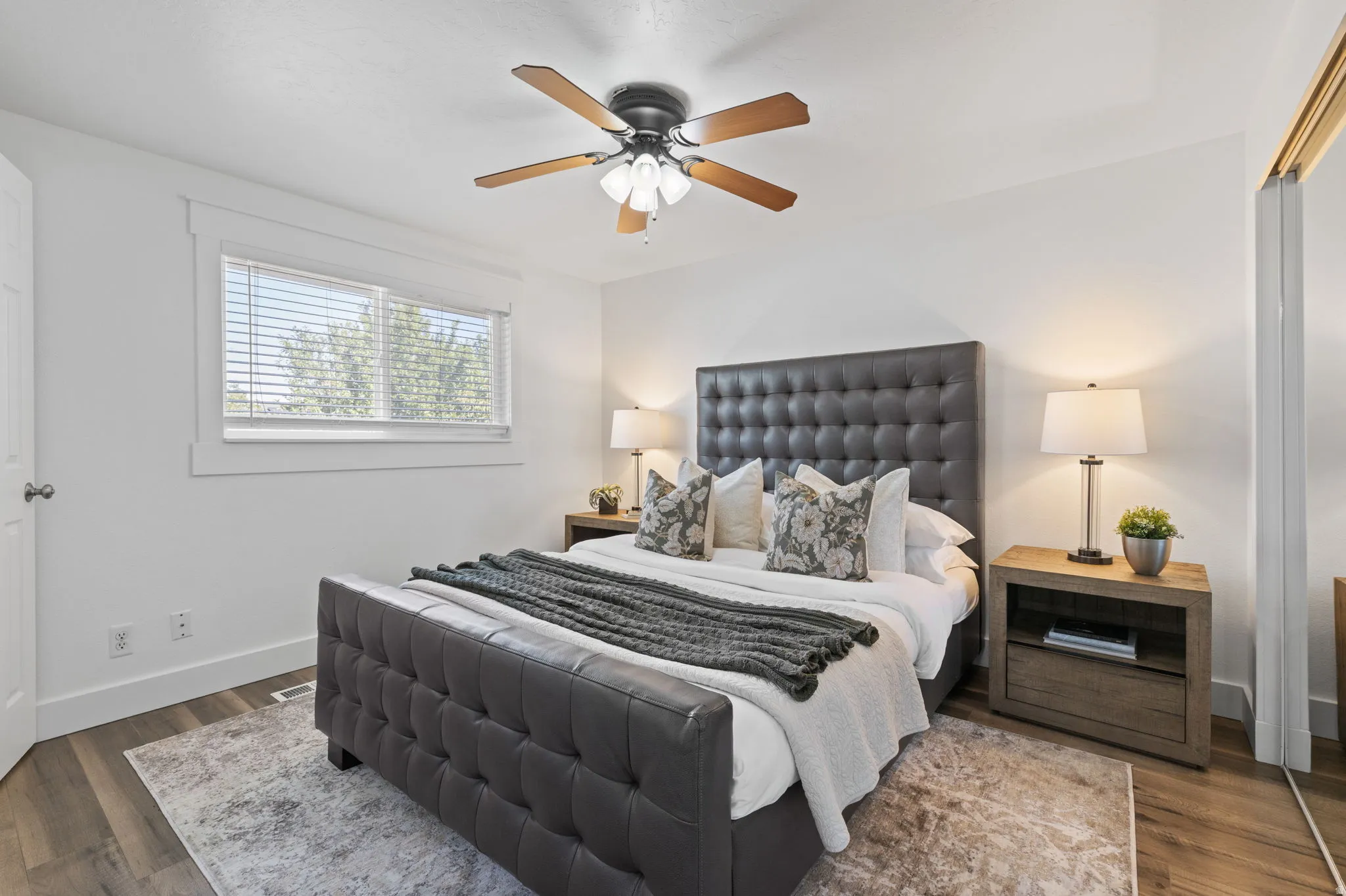 Wood-finish flooring with crisp white walls