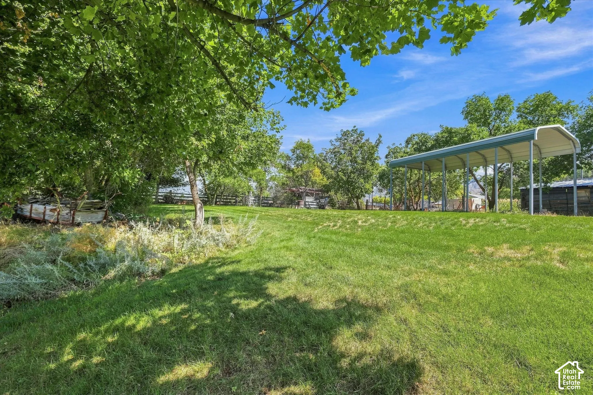 Expansive green space featuring a large metal carport, mature trees, and a perimeter fence on the east side of the property
