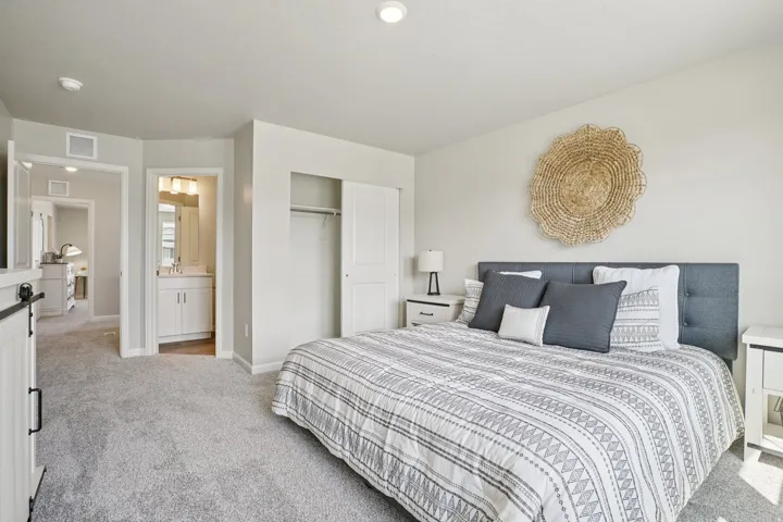 Plush carpeted flooring throughout, with a built-in closet featuring sliding panel doors