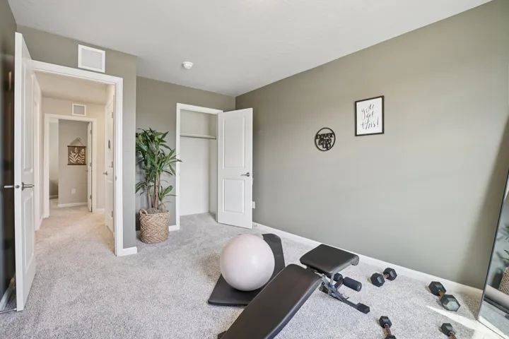Plush carpet flooring, neutral wall tones, and a built-in closet with a hanging rod