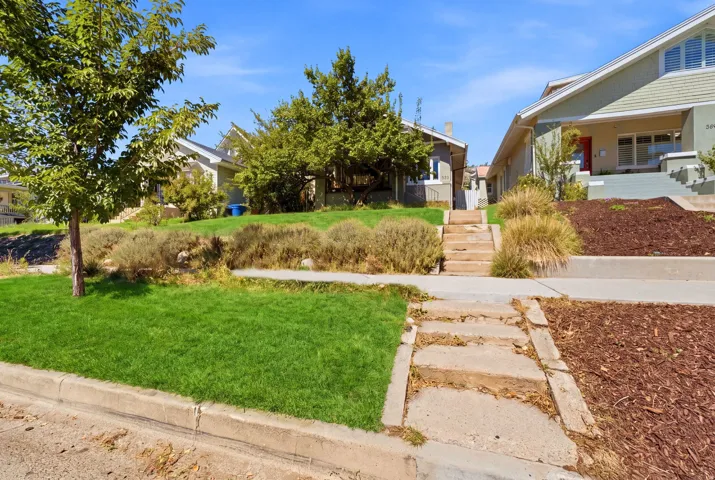 Manicured lawn with mature trees, layered landscaping, and concrete steps ascending to the property