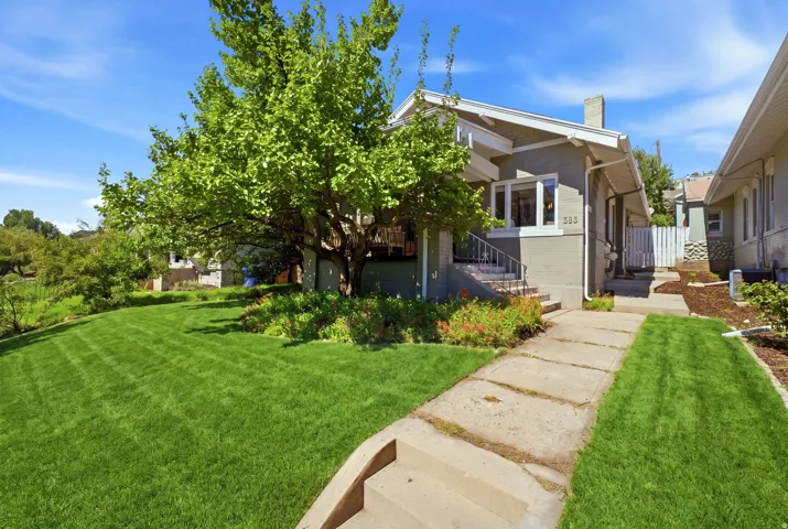 Exterior featuring a light gray facade, front entry steps, a prominent chimney, and a large mature tree