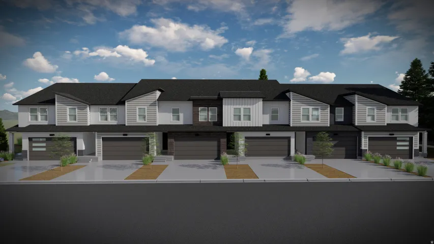 Modern townhome architecture featuring varied siding textures, attached garages with contemporary doors, and multiple windows