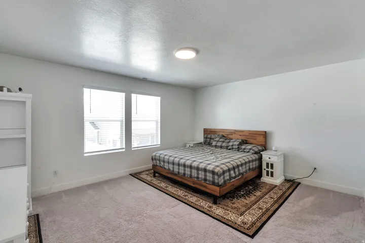 Carpeted flooring with white wall finishes, featuring a ceiling-mounted light fixture and two windows with blinds