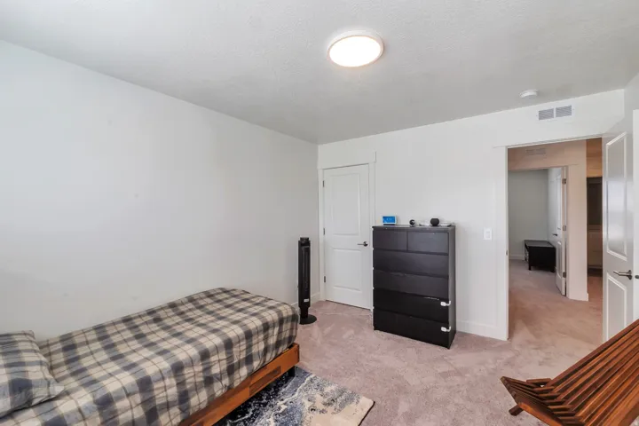 Neutral wall finishes, recessed ceiling light fixture, light-colored carpeting, white interior doors, and white trim
