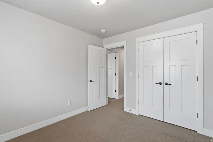 Neutral wall paint, plush carpet flooring, white trim, and white paneled doors with matte black hardware