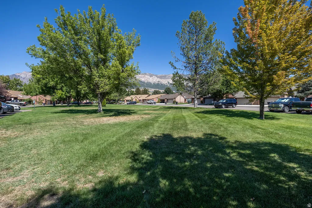 Expansive green space featuring mature trees and distant mountain scenery