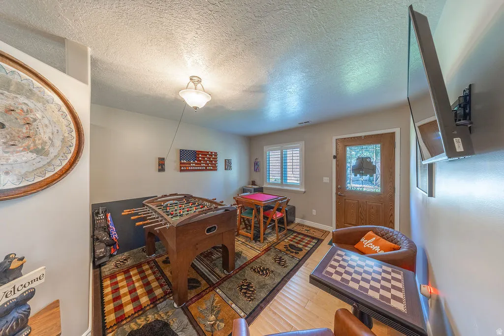 Wood-finish flooring, overhead lighting, and a paneled entry door with decorative glass