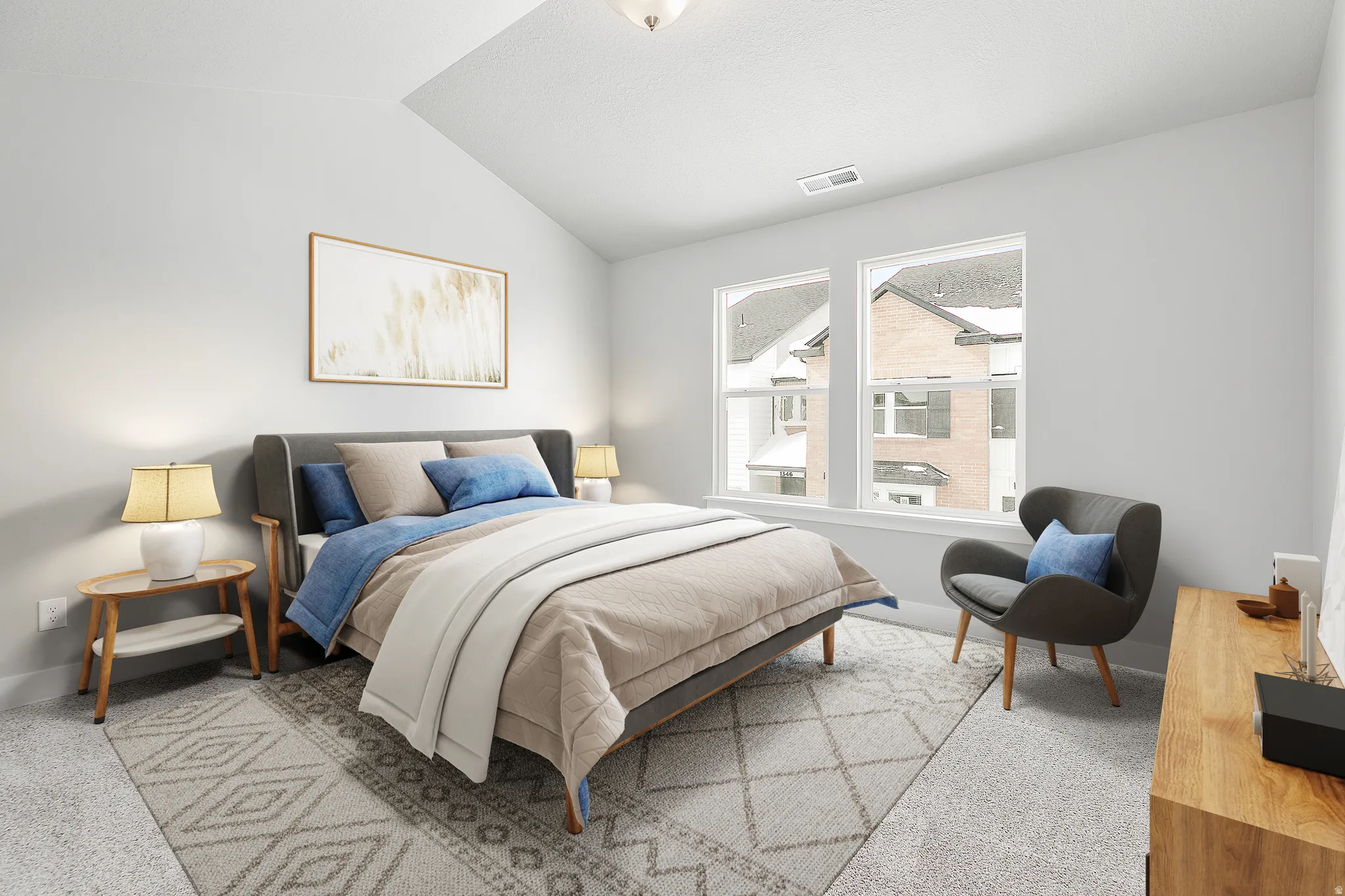Vaulted ceiling, dual windows, gray wall color, light gray carpet, and a built-in wall vent
