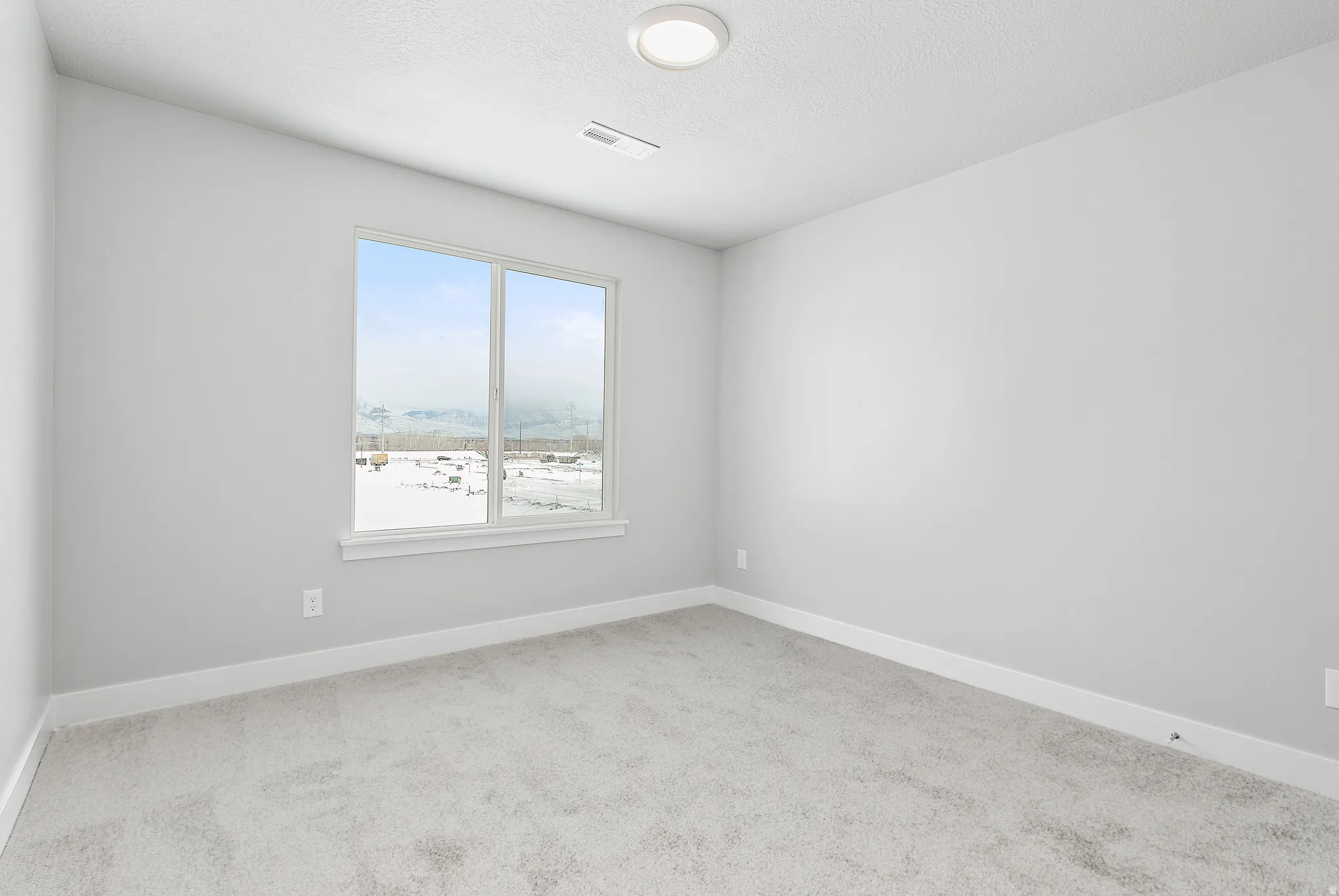 Neutral gray walls, plush gray carpeting, and a large window with white trim