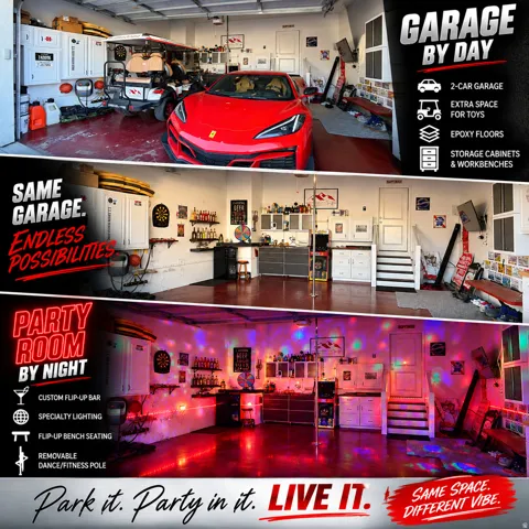 Garage by Day.  Party by Night!  Flip Up Convertible Bar, Mini Fridge, Pac Man Video Arcade Game, 60" TV, Dart Board, Removable Dance/Fitness Pole, Custom Flip Up Bench Seating, Lights, Speakers, Storage Cabinets and Decor, plus an EV Plug and Mounted Ret