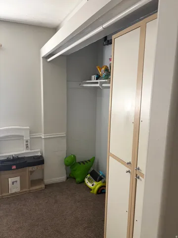 Bedroom, Carpeted flooring, built-in shelving, and a clothing rod