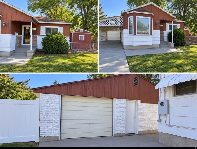 Property Listing Image. Exterior perspectives of the property, including the primary structure, a detached shed, and the garage area
