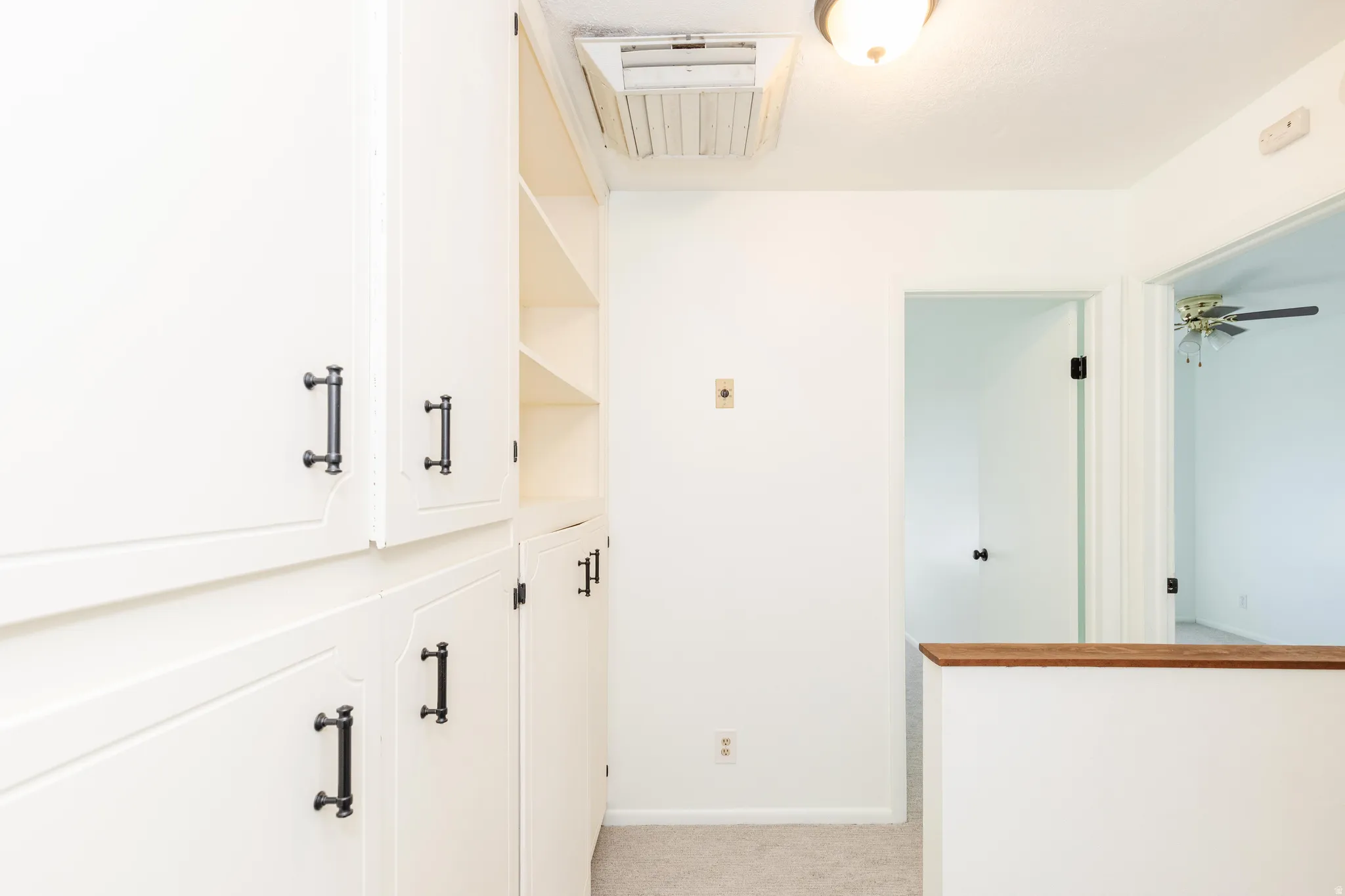 Built-in white cabinetry with dark pulls, integrated shelving, and carpet flooring