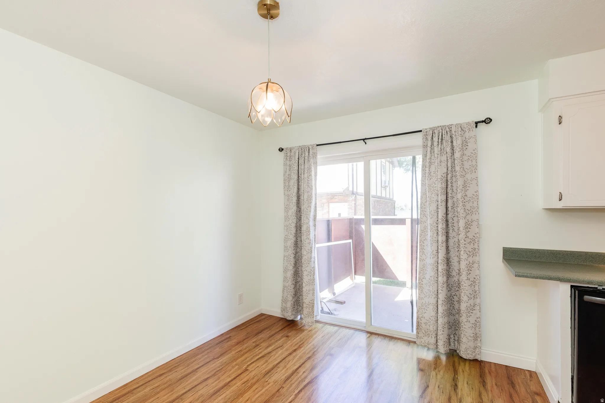 Wood-finish flooring, overhead lighting fixture, sliding glass door, white cabinetry, and green countertop