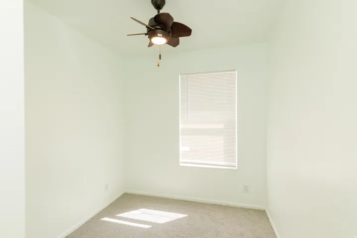 Neutral paint tones with an overhead fan light fixture, window with blinds, and carpeted flooring