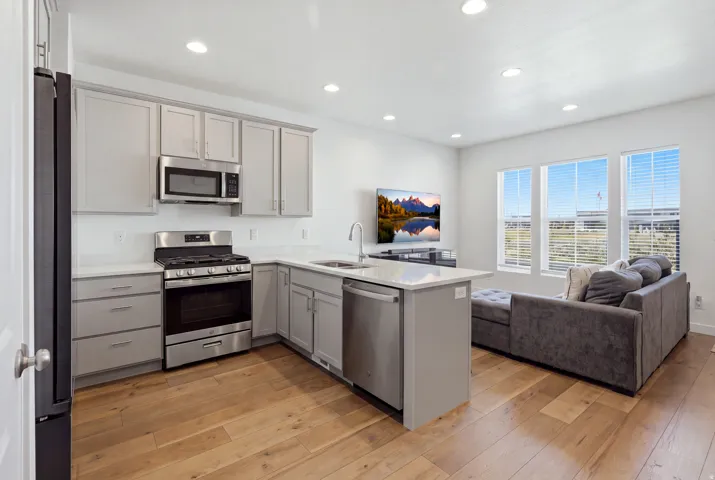Open-concept kitchen and living area featuring stainless steel appliances, light wood-finish flooring, recessed lighting, and multiple windows