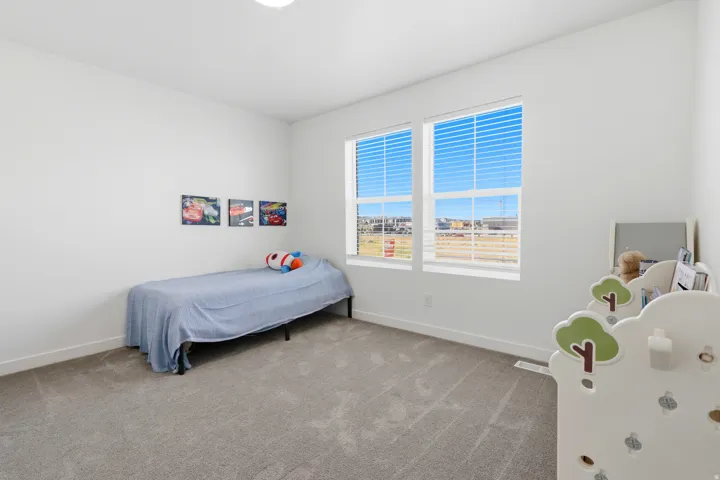 Two large windows with blinds, light gray carpet flooring, and white painted walls