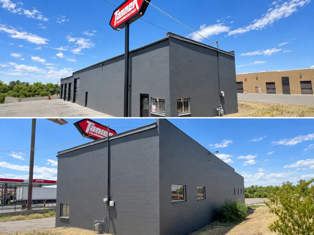 Property Photos. Exterior views of the commercial structure and surrounding area under clear sky conditions