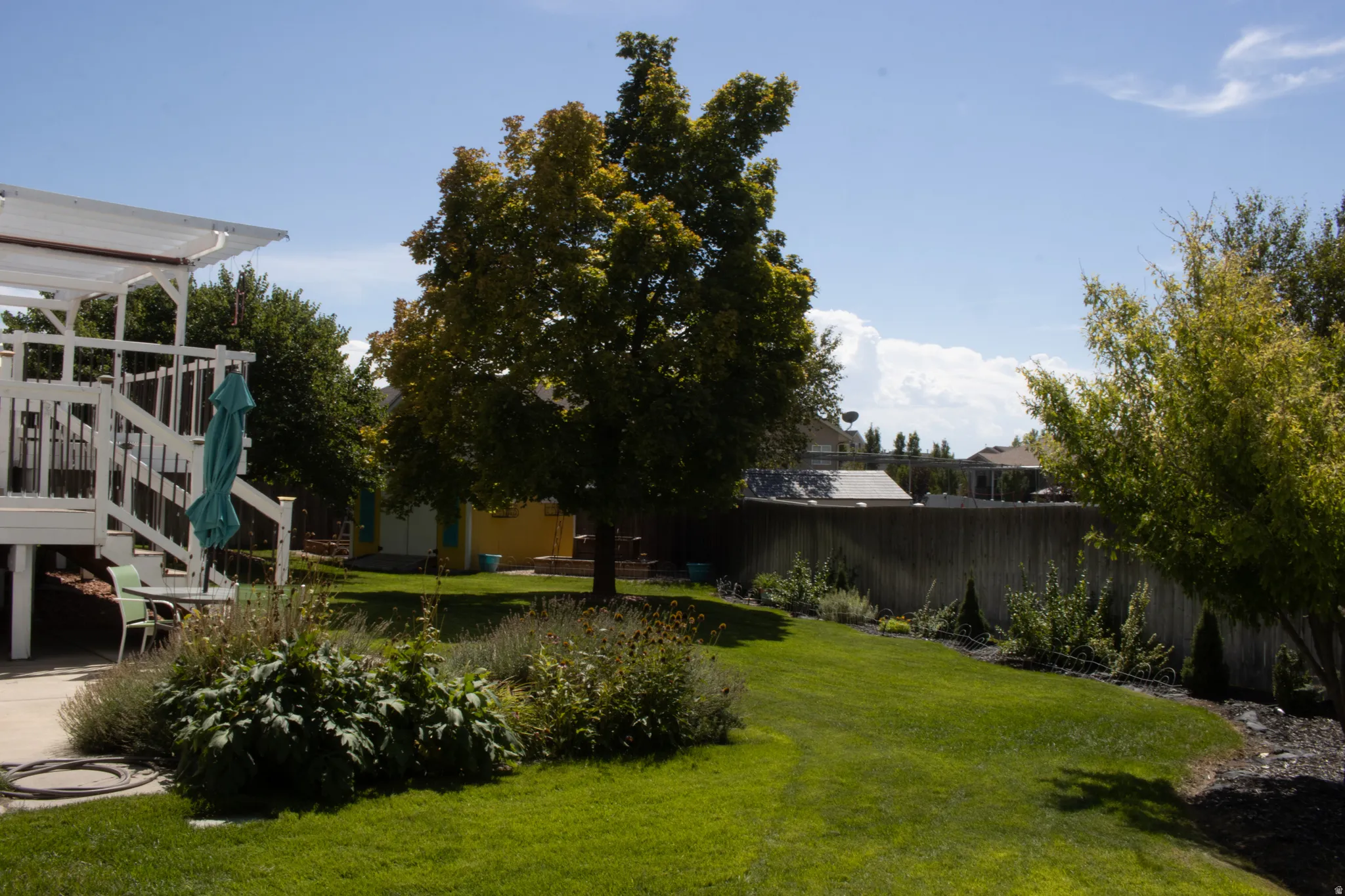 Expansive backyard with a covered patio, mature trees, manicured lawn, and perimeter landscaping