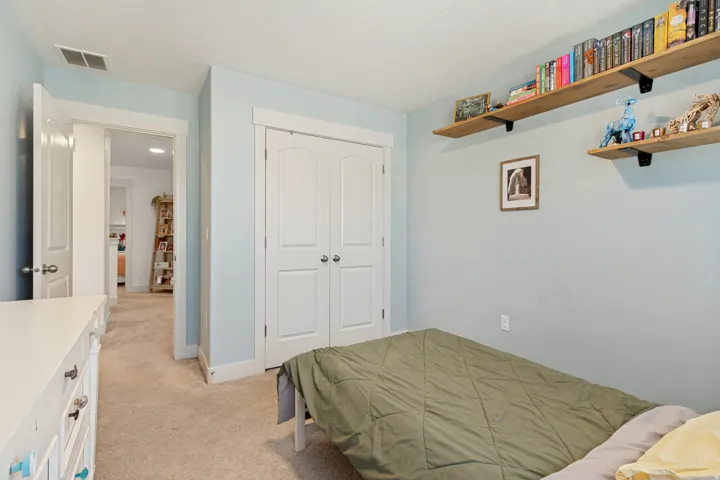 Wall-mounted floating shelves, double closet doors, white trim, and light-colored carpeting