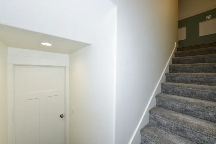 Carpeted staircase with white handrail and a recessed ceiling light above a paneled door